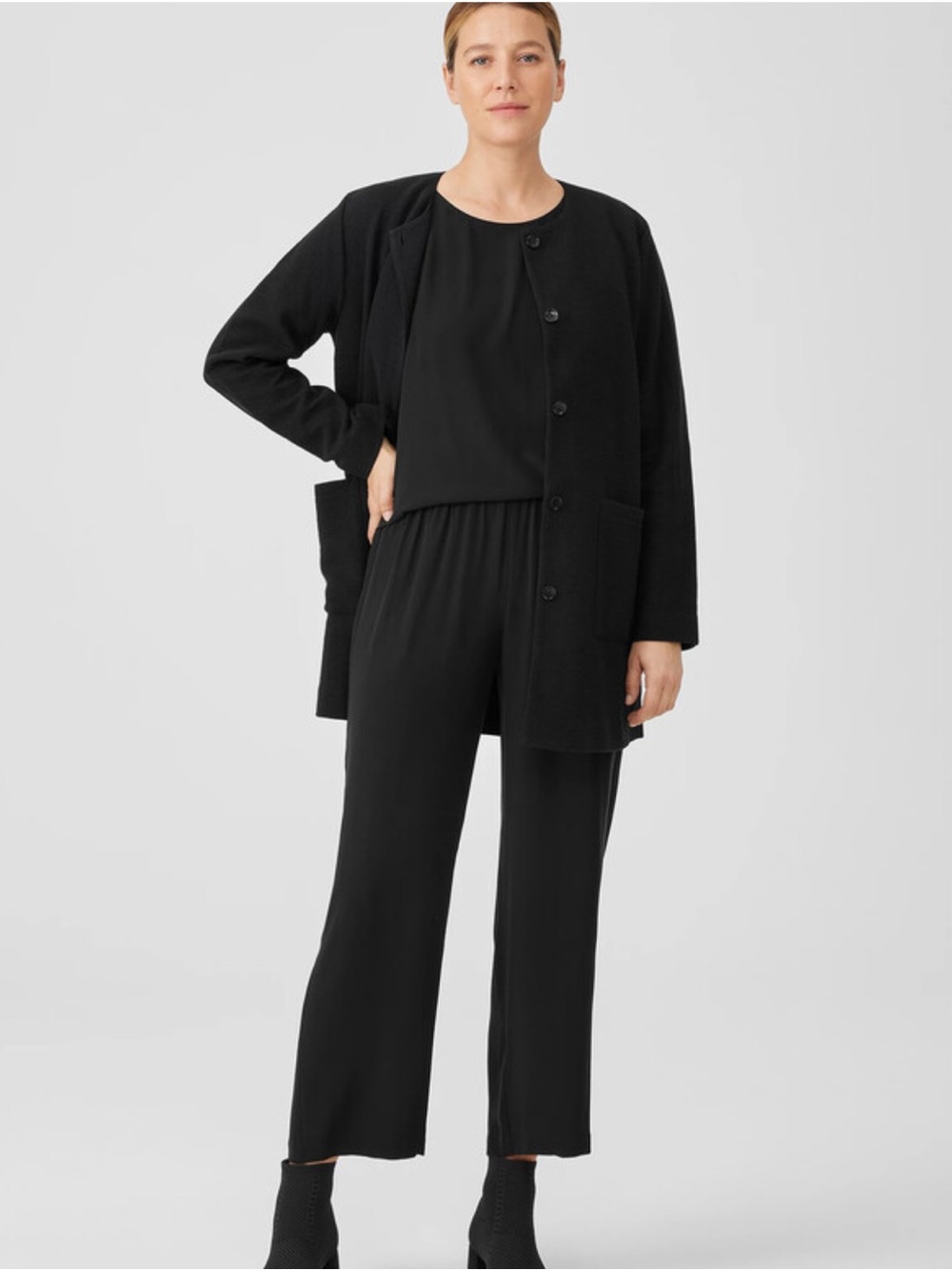Eileen Fisher Silk Georgette Crepe Black Pants